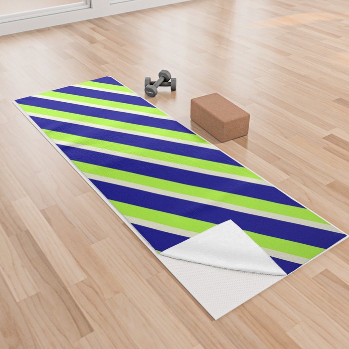 Dark Blue, Light Green, and Beige Colored Striped Pattern Yoga Towel