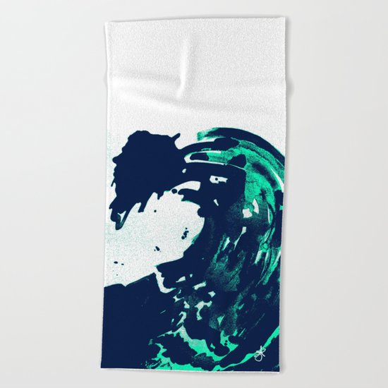 Navy Blue, Black, Blue, Bold Green Wave Beach Towel