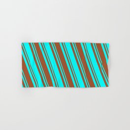 [ Thumbnail: Sienna & Cyan Colored Striped/Lined Pattern Hand & Bath Towel ]