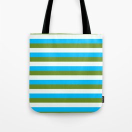 [ Thumbnail: Deep Sky Blue, Green, and Mint Cream Colored Striped/Lined Pattern Tote Bag ]