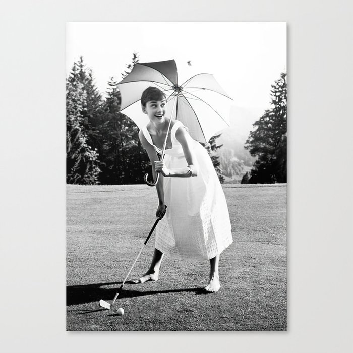 Audrey Hepburn Playing Golf, Black and White Vintage Art Canvas Print