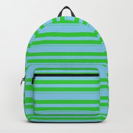 [ Thumbnail: Sky Blue & Lime Green Colored Stripes/Lines Pattern Backpack ]