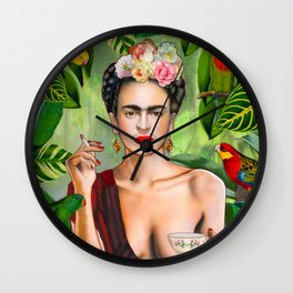 Frida con Amigos Wall Clock | Digital, Parrot, Ethno, Illustration, Jungle, Artist, Tropical, Tropicana, Bobo, Mexican 