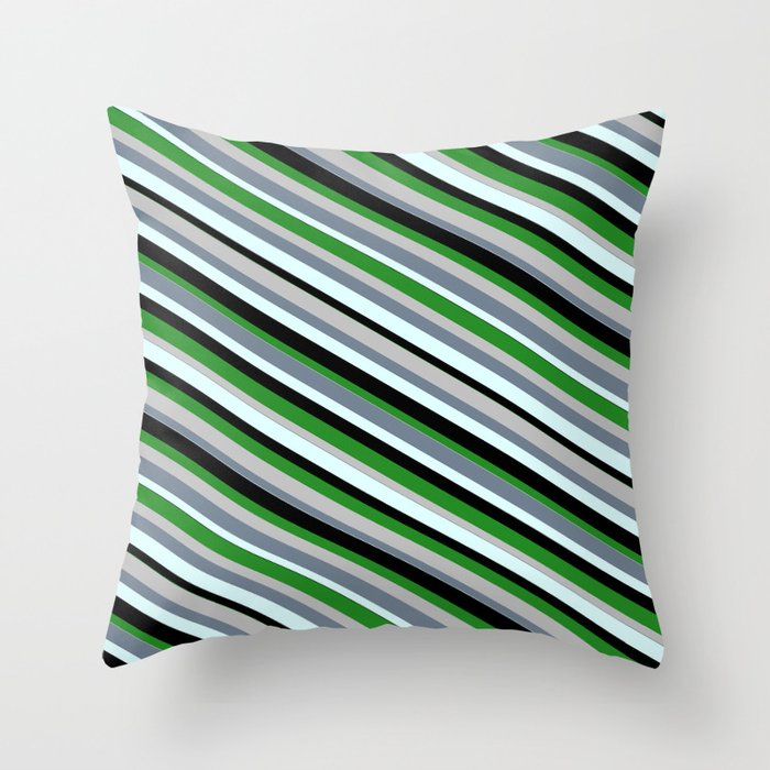 Eye-catching Forest Green, Grey, Slate Gray, Light Cyan & Black Colored Lined/Striped Pattern Throw Pillow
