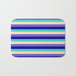 [ Thumbnail: Dark Blue, Turquoise, Beige, and Slate Blue Striped/Lined Pattern Bath Mat ]