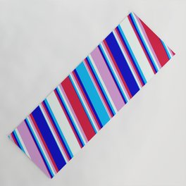[ Thumbnail: Colorful Plum, Crimson, Blue, Deep Sky Blue, and Mint Cream Colored Lined/Striped Pattern Yoga Mat ]