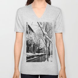 Black and White Photo of the Beautiful Brooklyn Heights covered in icy snow Unisex V-Neck