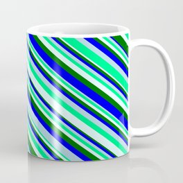 [ Thumbnail: Eyecatching Light Blue, Green, Light Cyan, Dark Green & Blue Colored Pattern of Stripes Coffee Mug ]