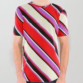 [ Thumbnail: Beige, Orchid, Red & Black Colored Striped/Lined Pattern All Over Graphic Tee ]