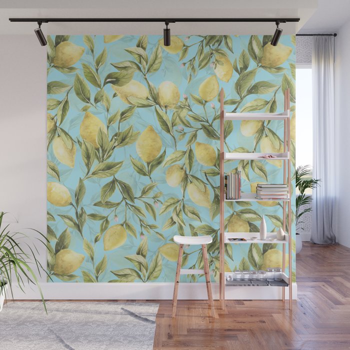 mediterranean summer lemon branches on turquoise Wall Mural