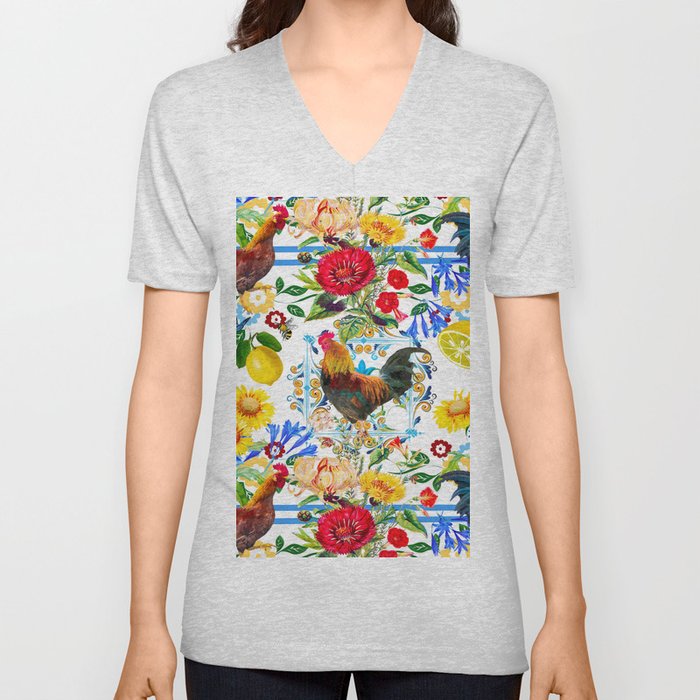 Rooster,farm,birds ,citrus,lemons,folklore pattern  V Neck T Shirt