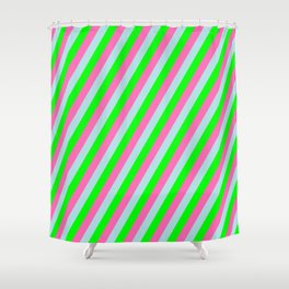 [ Thumbnail: Powder Blue, Lime & Hot Pink Colored Stripes/Lines Pattern Shower Curtain ]