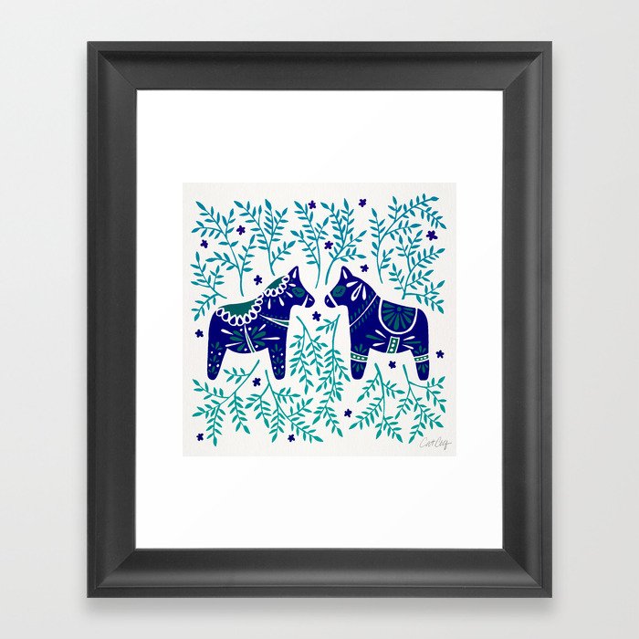 Swedish Dala Horses – Navy & Blue Palette Framed Art Print