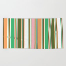 [ Thumbnail: Colorful Sea Green, Light Pink, Dark Olive Green, Brown, and White Colored Lines Pattern Beach Towel ]