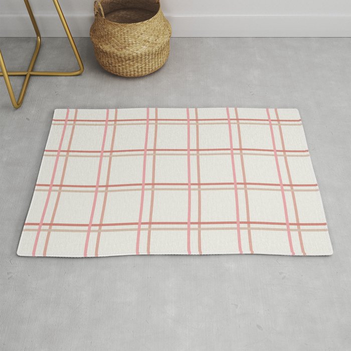 Dusty Pink Checkered Lines on Beige Rug