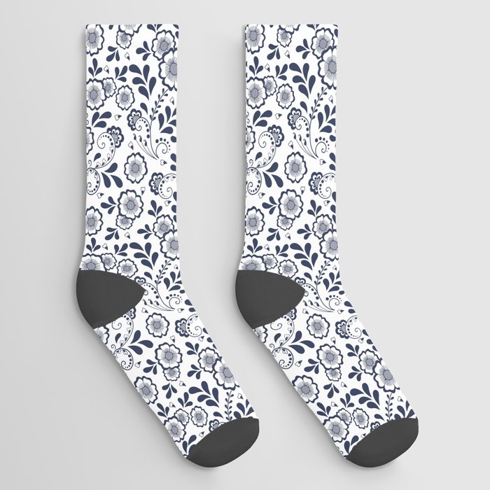 Navy Blue Eastern Floral Pattern Socks