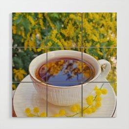 Mimosa perfumed cup of tea, spring in Italy, March. Wood Wall Art