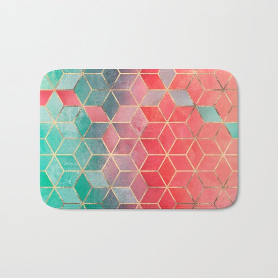 Rose And Turquoise Cubes Bath Mat