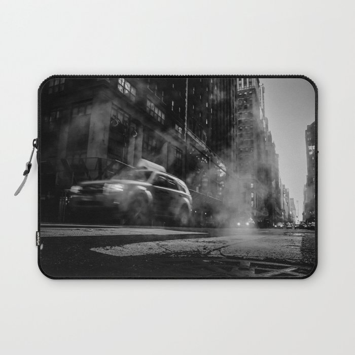New York City Manhattan skyline with yellow taxi cab on the street black and white Laptop Sleeve