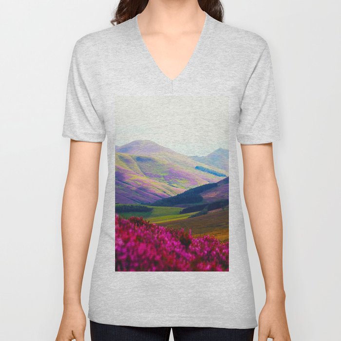 Beautiful Candy Land Fairytale Fantasy Landscape Purple pink Flowers Rolling Hills Moutains V Neck T Shirt