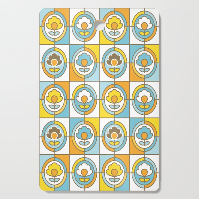 MCM Flower Tile Geometric Pattern // Turquoise Blue, Sky Blue, Marigold Orange, Yellow, Brown, White Cutting Board