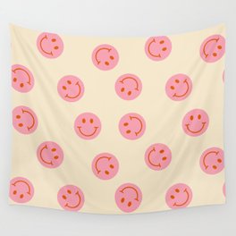 70s Retro Smiley Face Pattern in Beige & Pink Wall Tapestry