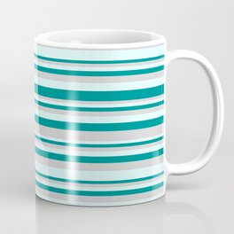 [ Thumbnail: Light Grey, Light Cyan, and Dark Cyan Colored Stripes Pattern Coffee Mug ]