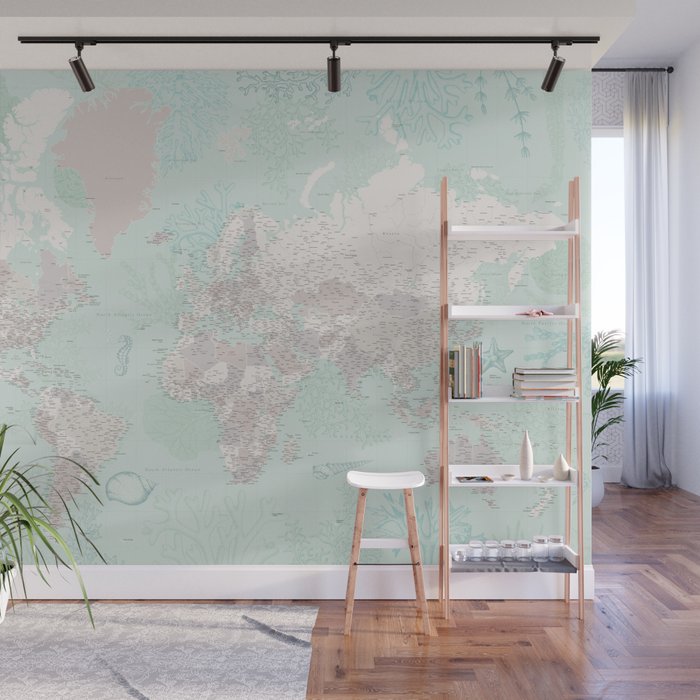 Detailed world map with coral, seaweed and marine creatures, "Lenore" Wall Mural