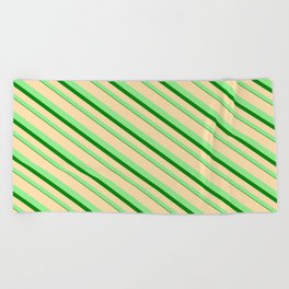 [ Thumbnail: Tan, Light Green, and Green Colored Lined/Striped Pattern Beach Towel ]
