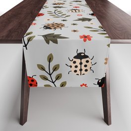 Ladybug and Floral Seamless Pattern on Light Grey Background Table Runner