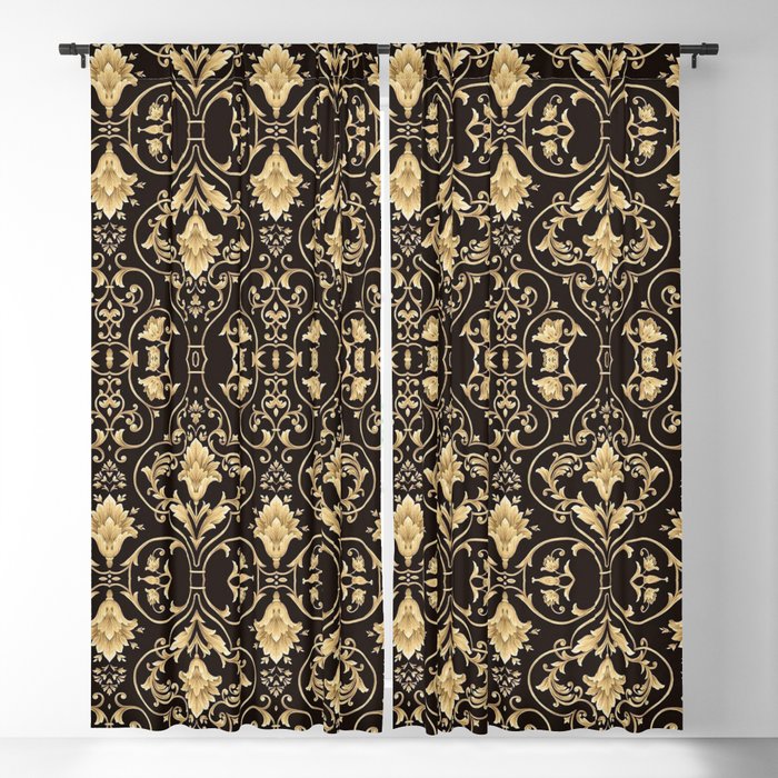 Vintage elegant black gold floral damask Blackout Curtain