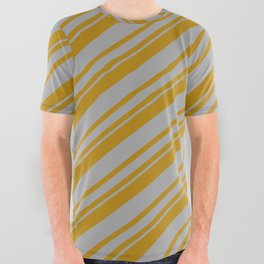 [ Thumbnail: Dark Goldenrod & Dark Grey Colored Stripes/Lines Pattern All Over Graphic Tee ]