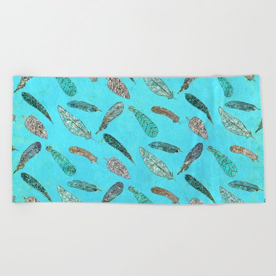 Sparkle Glitter Boho Bohemian Feathers on aqua on #Society6 Beach Towel