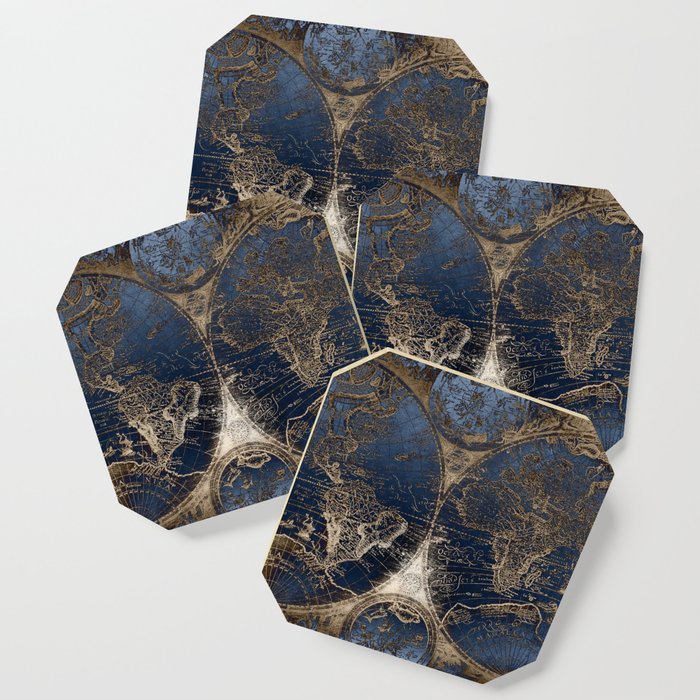 World Map Deep Blue and Gold Coaster