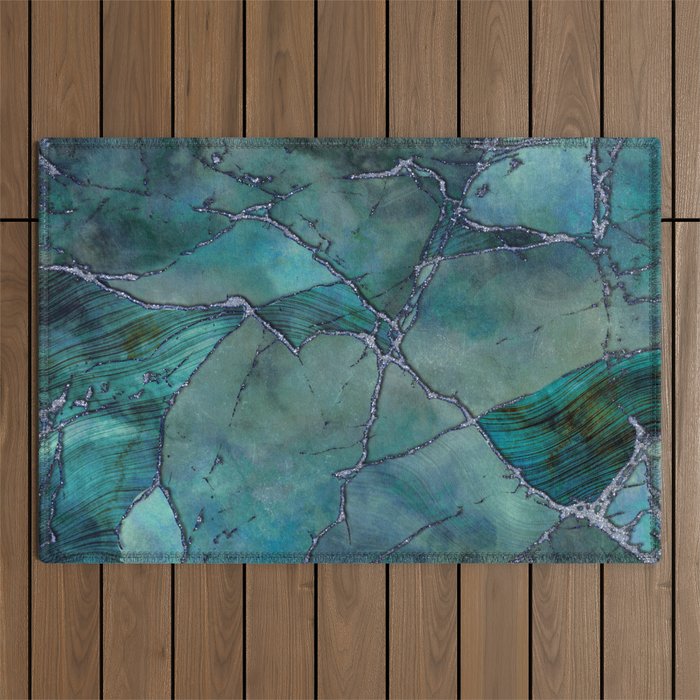 Teal Blue Marble Gemstone Luxury Surface Outdoor Rug