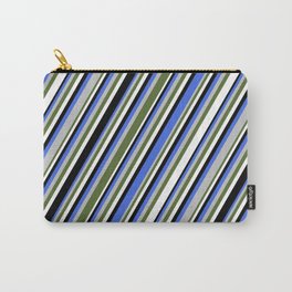 [ Thumbnail: Eye-catching Royal Blue, Grey, Dark Olive Green, White & Black Colored Lines Pattern Carry-All Pouch ]