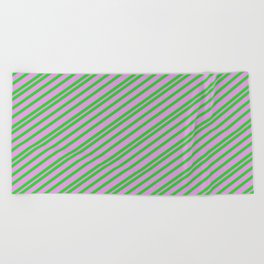 [ Thumbnail: Lime Green and Plum Colored Pattern of Stripes Beach Towel ]