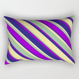 [ Thumbnail: Dark Sea Green, Dark Violet, Midnight Blue, and Tan Colored Lines Pattern Rectangular Pillow ]