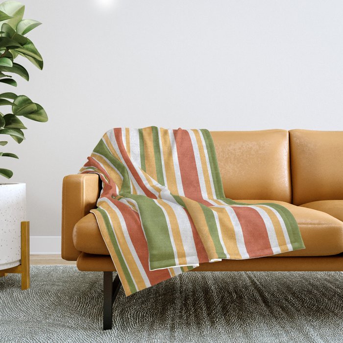 Retro Stripes - Mid Century Modern 50s 60s 70s Pattern in Green, Orange, Yellow, and White Throw Blanket