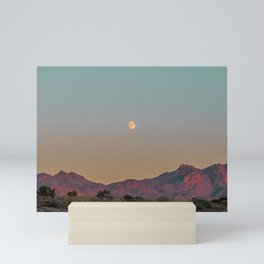 Sunset Moon Ridge // Grainy Red Mountain Range Desert Landscape Photography Yellow Fullmoon Blue Sky Mini Art Print