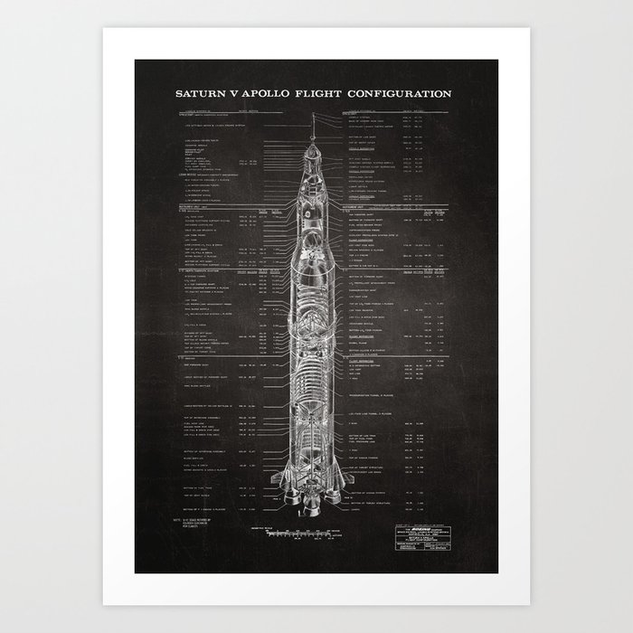 Apollo 11 Saturn V Blueprint in High Resolution (black) Art Print
