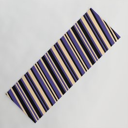 [ Thumbnail: Dark Slate Blue, Tan & Black Colored Pattern of Stripes Yoga Mat ]