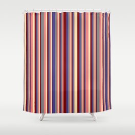 [ Thumbnail: Eyecatching Grey, Dark Slate Blue, Maroon, Beige, and Light Coral Colored Striped Pattern Shower Curtain ]