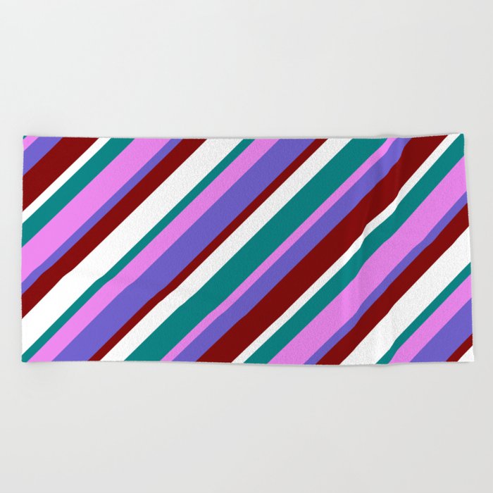 Vibrant Teal, Violet, Slate Blue, Maroon & White Colored Pattern of Stripes Beach Towel
