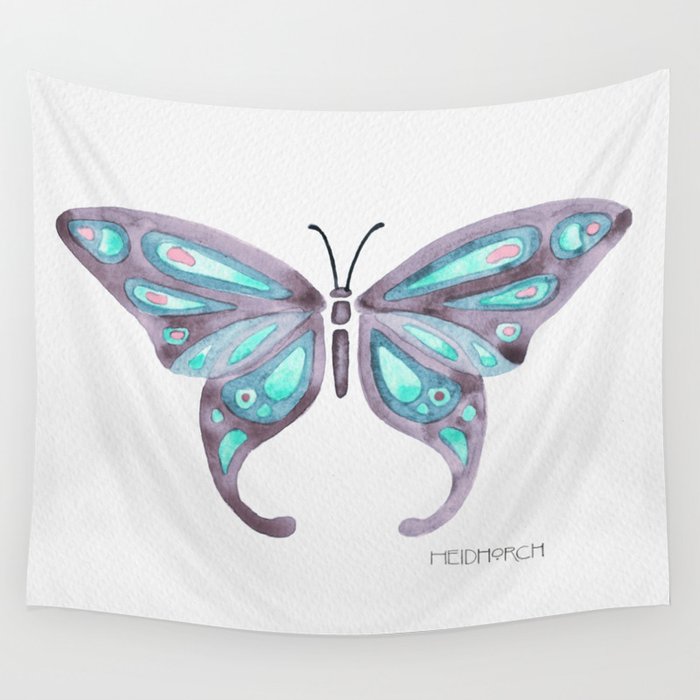 Watercolor Butterfly - Grey Teal Wall Tapestry