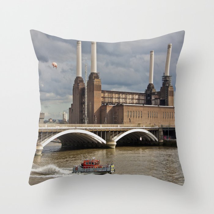 Battersea Power Station with Pink Floyd Pig Throw Pillow