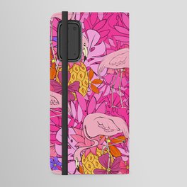 Flamingos on a background of tropical leaves and flowers. Seamless pattern. Flamingo cartoon element Android Wallet Case