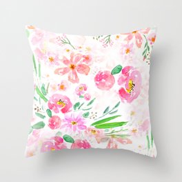 pink flowers and green leaf pattern  Throw Pillow