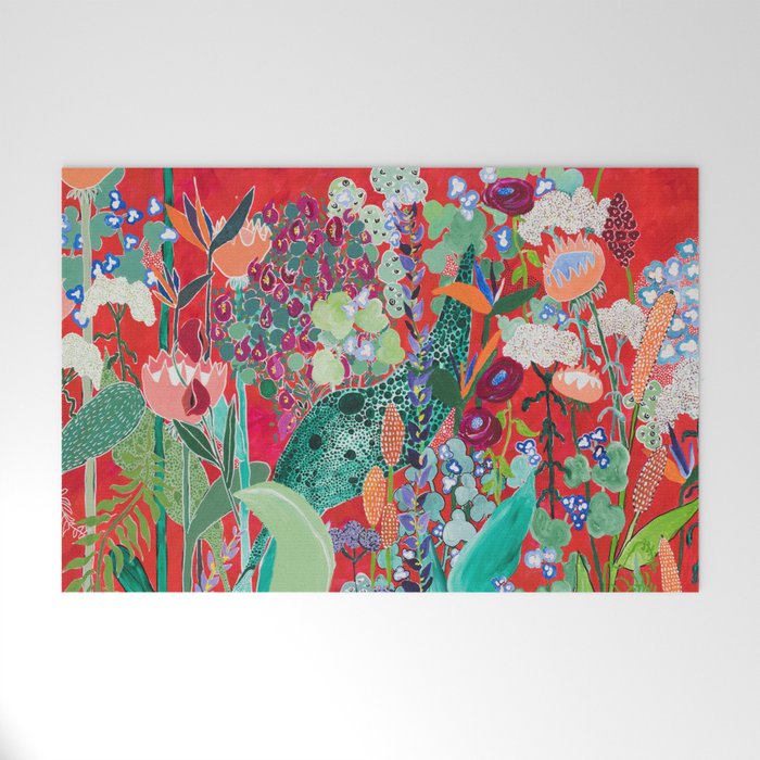 Red floral Jungle Garden Botanical featuring Proteas, Reeds, Eucalyptus, Ferns and Birds of Paradise Welcome Mat