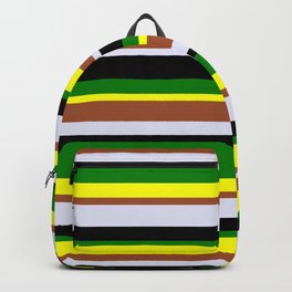 [ Thumbnail: Eye-catching Yellow, Sienna, Lavender, Black & Green Colored Striped Pattern Backpack ]